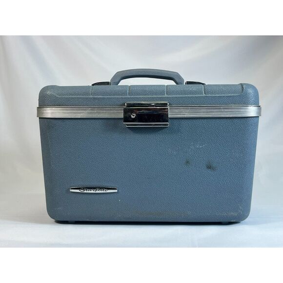 Vintage Starflite Blue Train Case Cosmetic Vanity Travel Bag Mid Century Tray - Picture 1 of 9